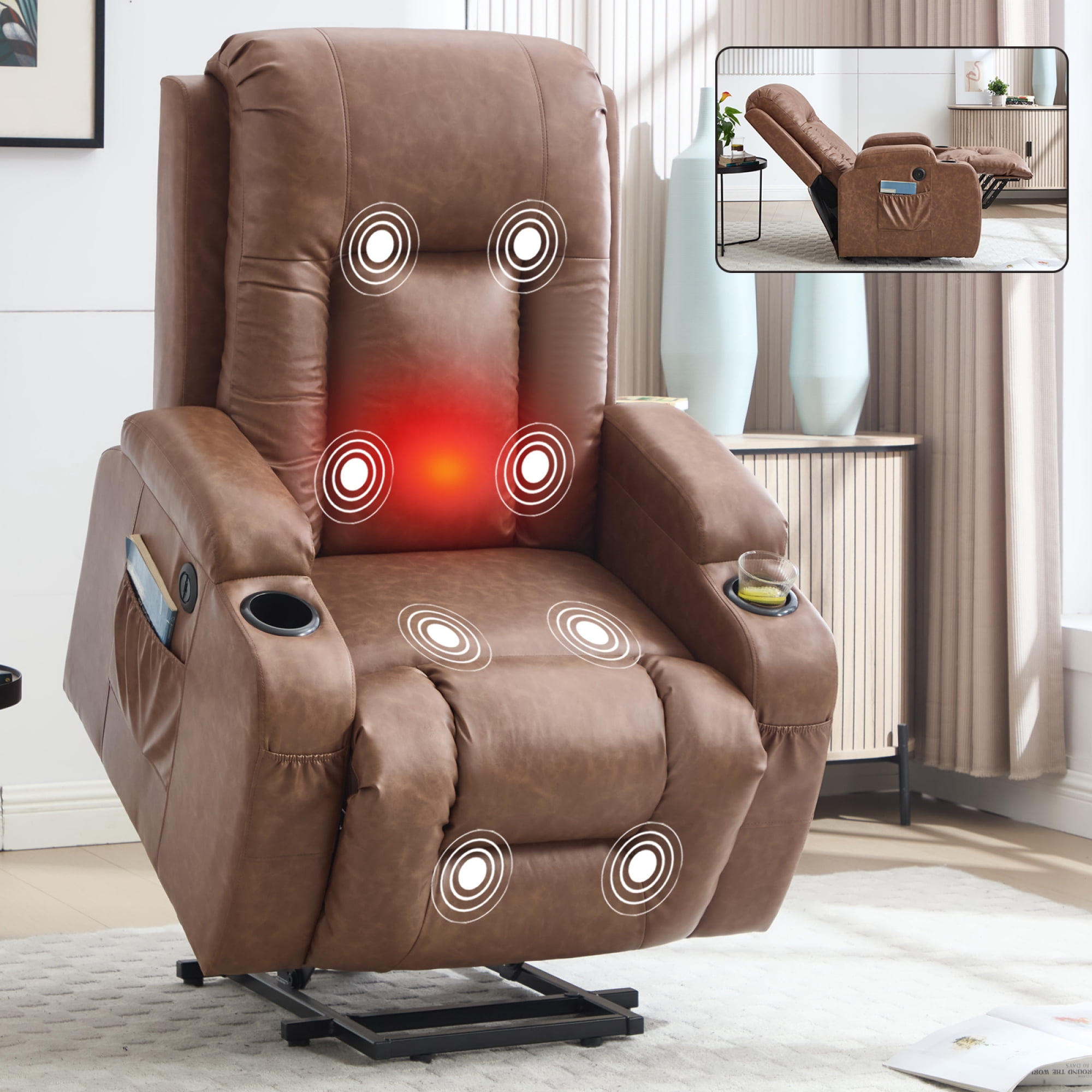 Leumius Large Power Lift Recliner Chair for Elderly,Single Sofa Chair with Massage and Heat,Electric Lift Recliners with Side Pocket and Cup Holders for Living Room,Brown