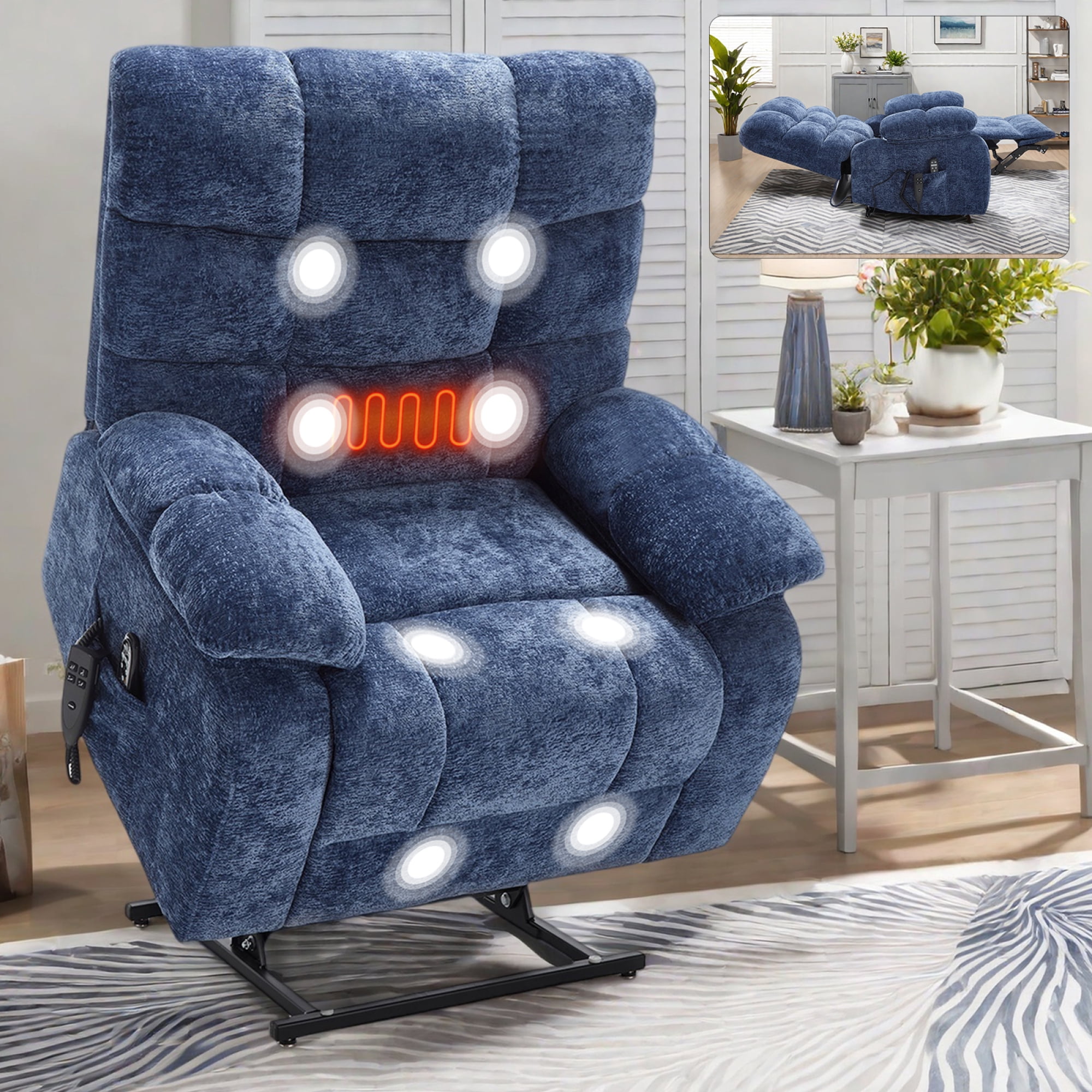Leumius Large Power Lift Recliner Chair for Elderly,Heavy Duty Chenille Recliners with Massage and Heating for Living Room,Navy Blue