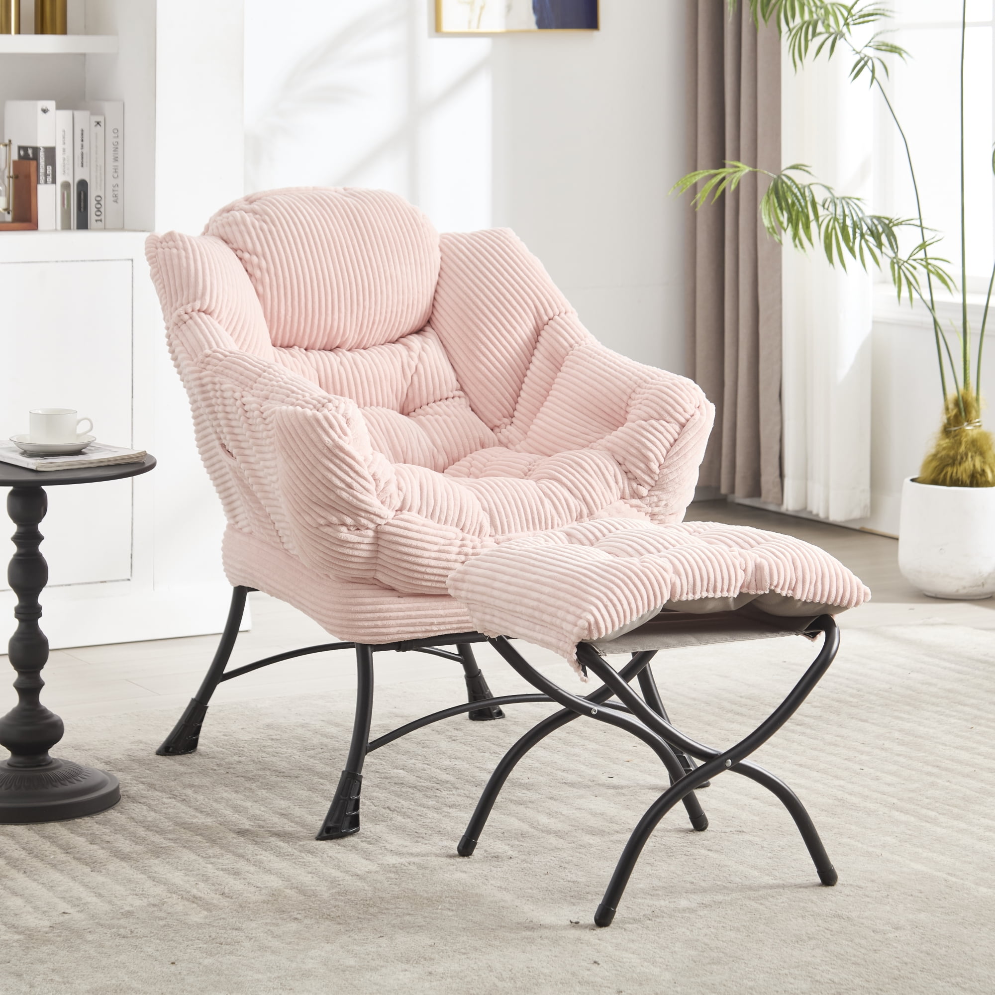 Leumius Lazy Chair with Ottoman, Modern Lounge Accent Chair with Armrests and a Side Pocket, Leisure Upholstered Reading Chair for Living Room Bedroom Office and Reading Room Pink