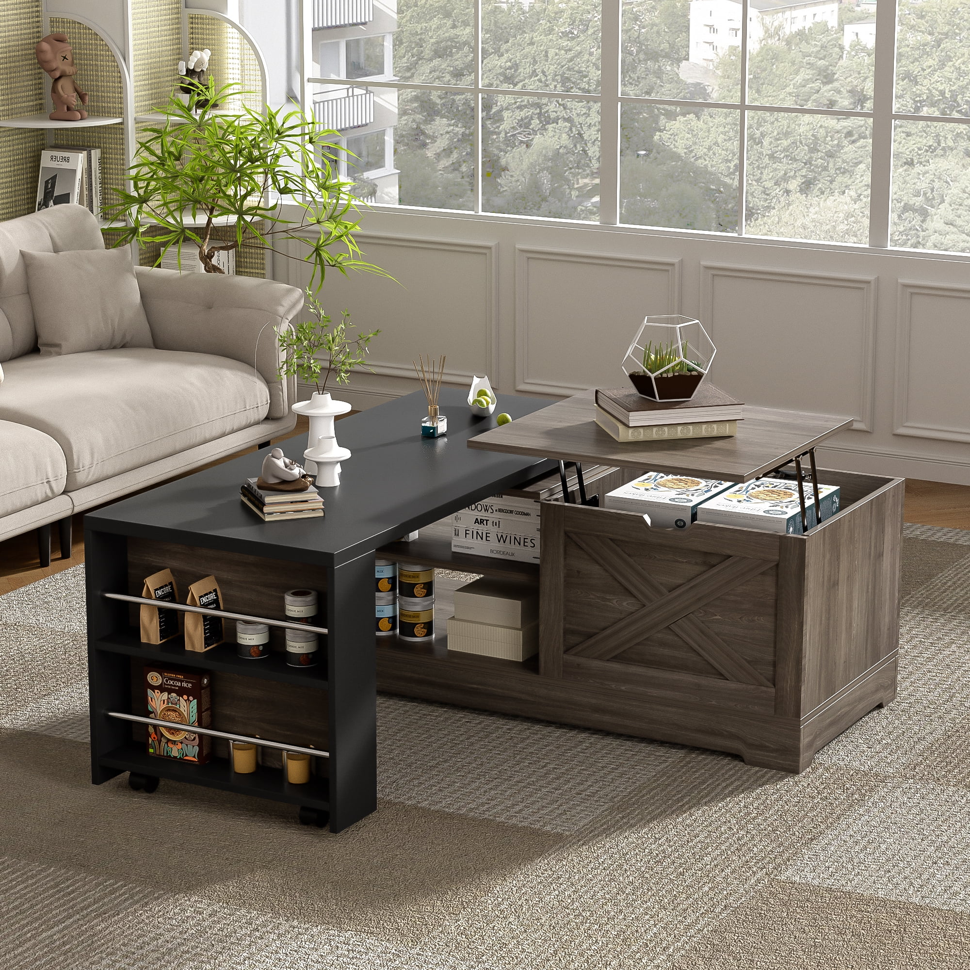 Leumius Lift Top Coffee Table with Storage,Rectangle Wood Center Table With Barn Doors and Open Cabinet, For Living Room, Bedroom, Home Office,Brown+Black