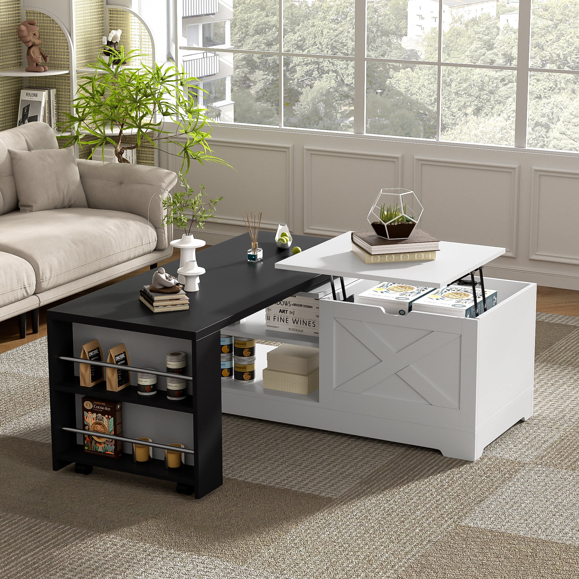 Leumius Lift Top Coffee Table with Storage,Rectangle Wood Center Table With Barn Doors and Open Cabinet, For Living Room, Bedroom, Home Office,White+Black