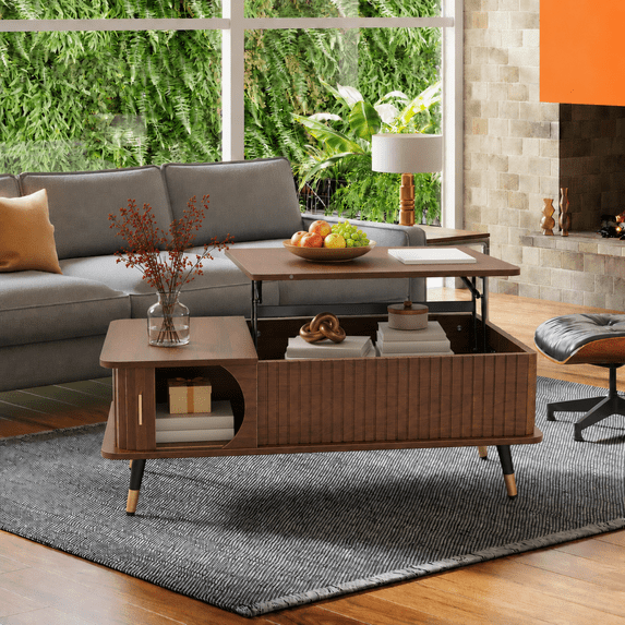 Leumius Lift Top Coffee Table with Hidden Compartment and Large Storage Shelf,Center Table for Home Living Room Office,Walnut