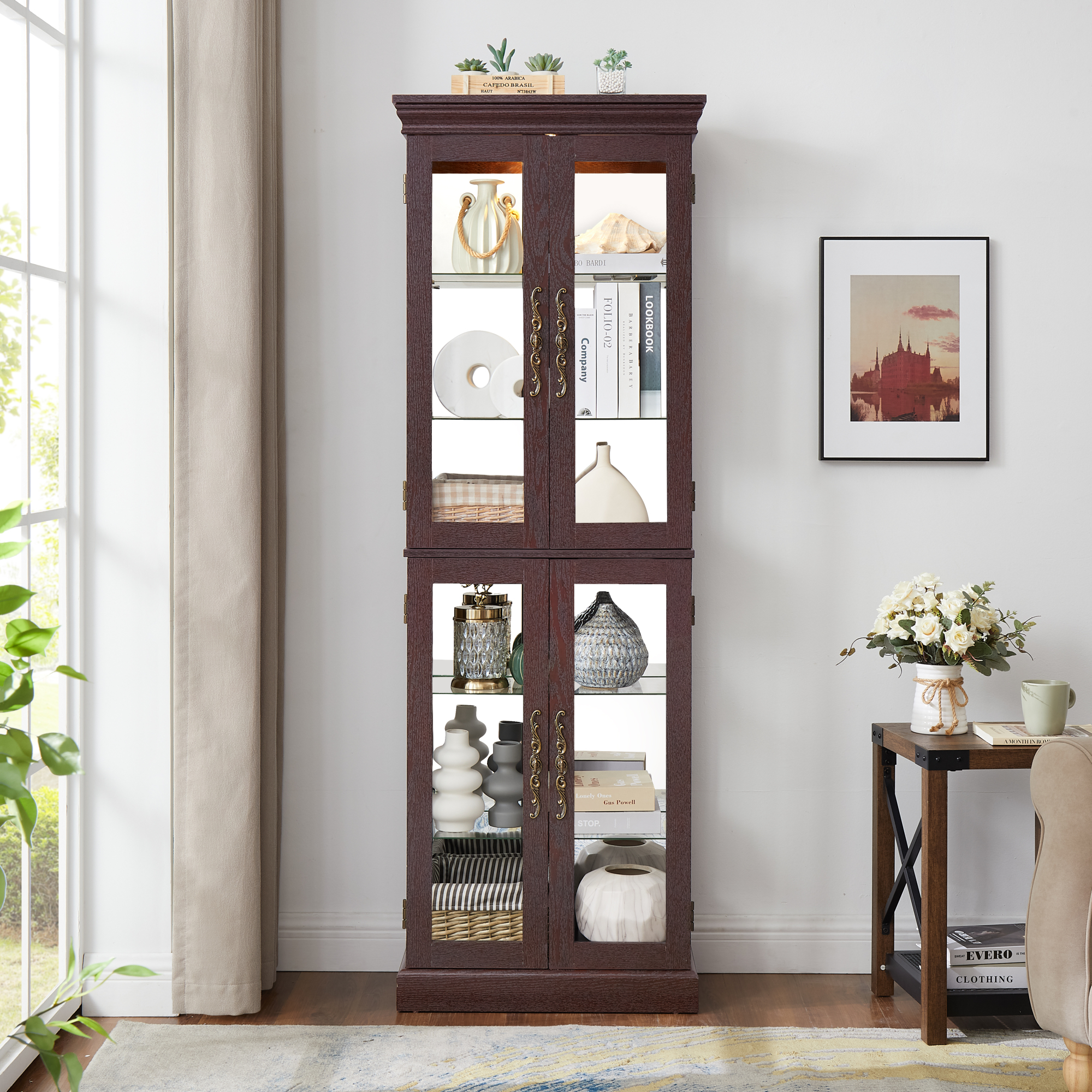 Leumius Lighted Glass Curio Display Cabinet, Wood Frame 4 Glass Doors Storage Cabinet with Included Bulb, Glass Wine Cabinet Collectibles Toy Display Case for Living Room, Kitchen, Pantry,Cherry