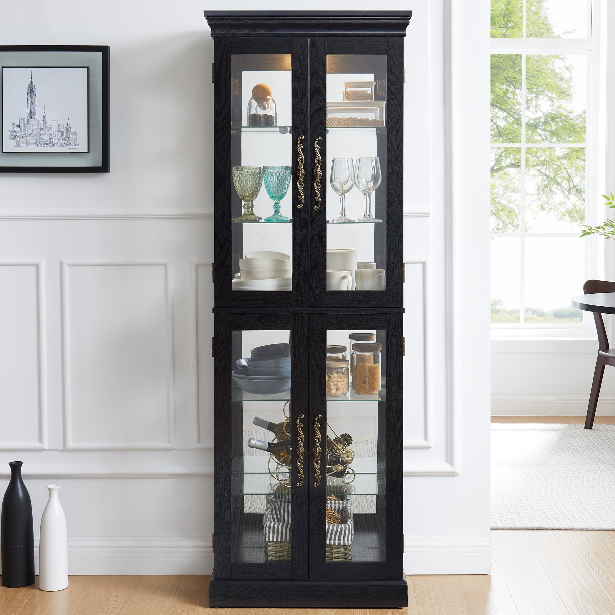 Leumius Lighted Glass Curio Display Cabinet, Wood Frame 4 Glass Doors Storage Cabinet with Included Bulb, Glass Wine Cabinet Collectibles Toy Display Case for Living Room, Kitchen, Pantry,Black