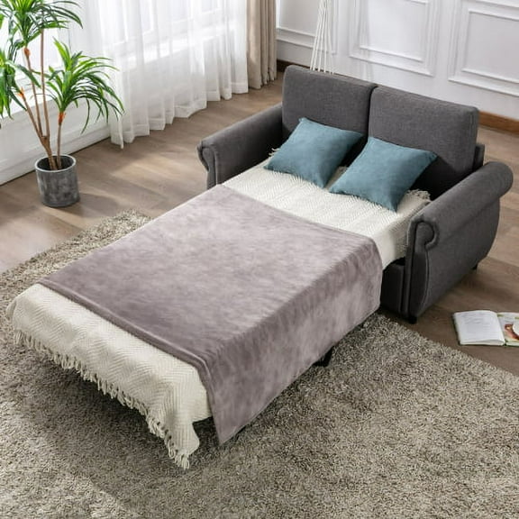 Leumius Linen Sofa Couch with Pull Out Sofa Bed, Twin Size Memory Mattress Sofa Bed, Gray