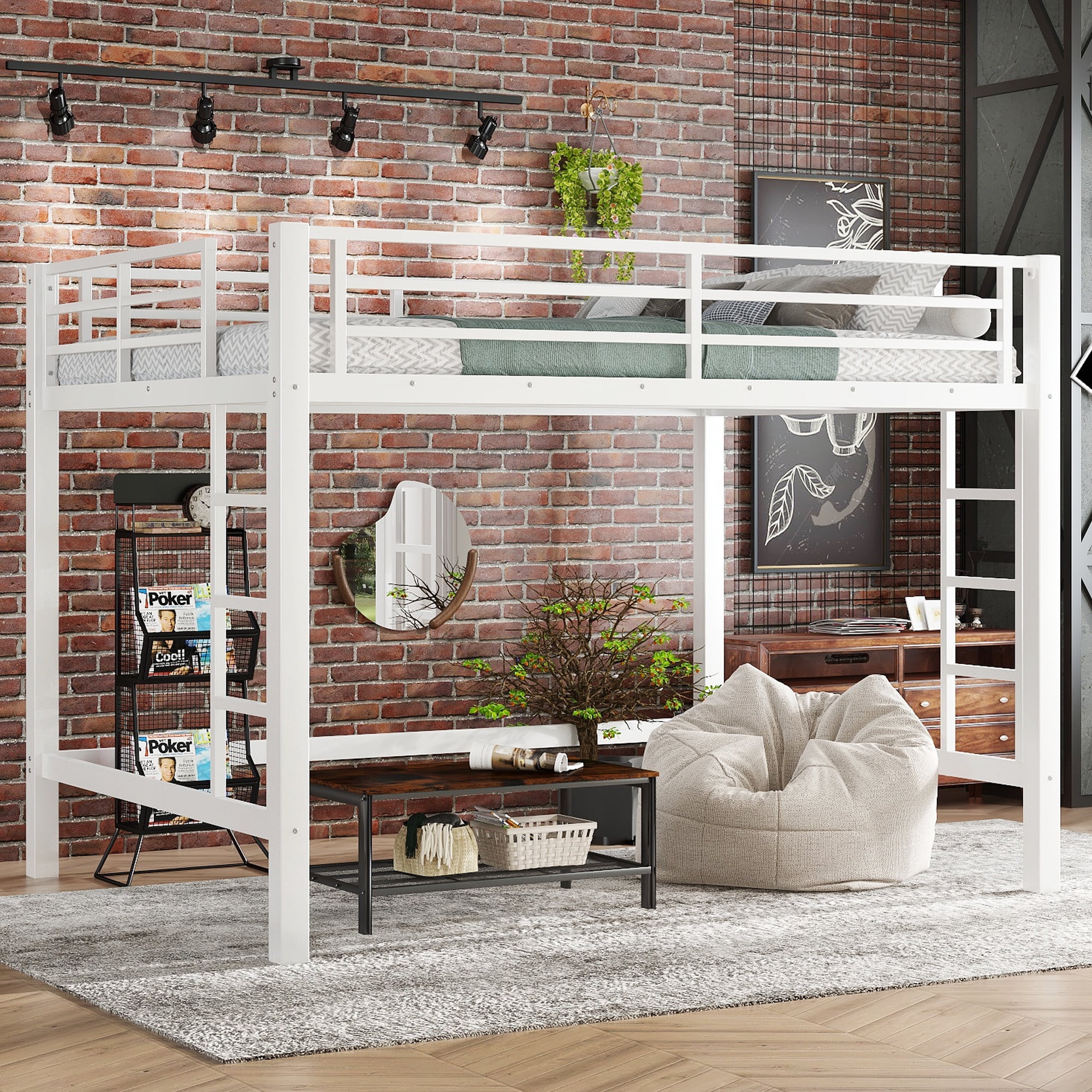 Leumius Loft Bed Queen Size,Heavy Duty Metal Bed Frame with Easy Climbing Ladder and Guardrails,White