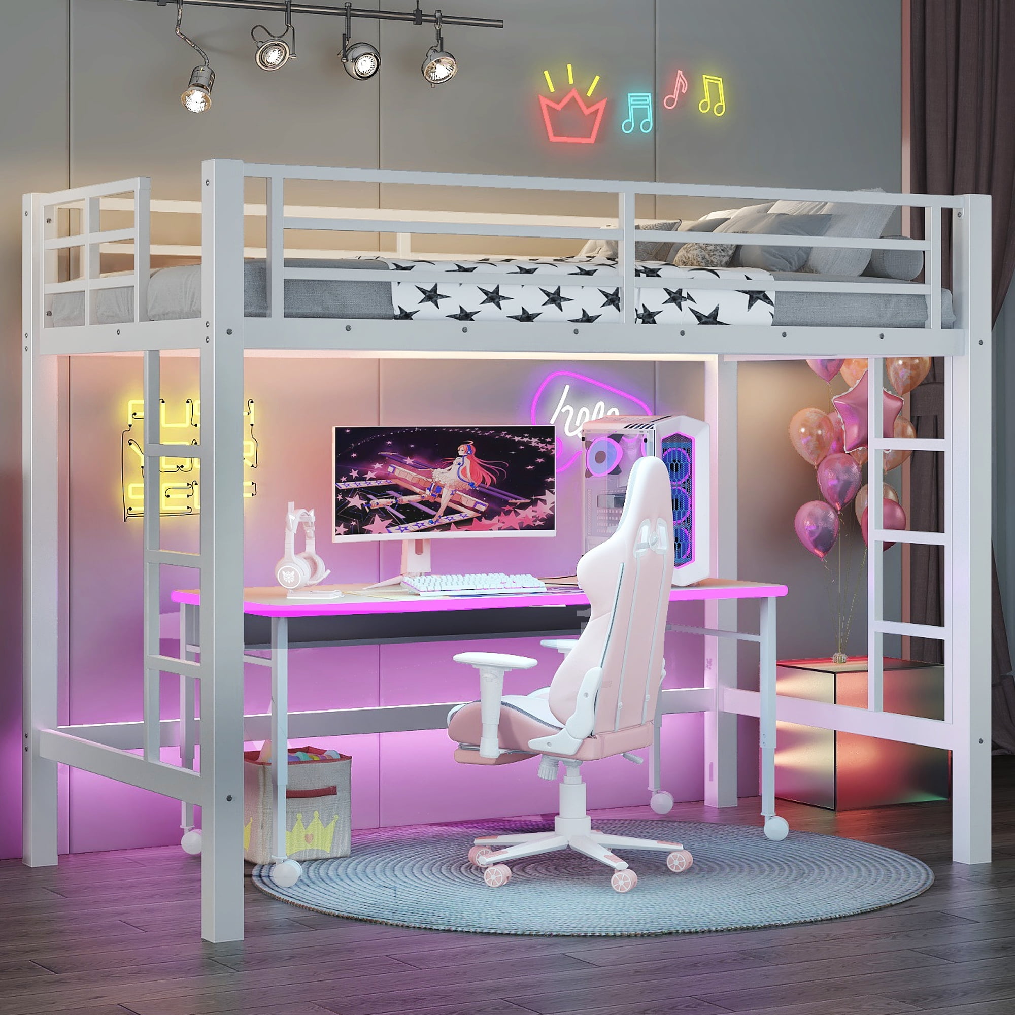Leumius Loft Bed Twin Size,Heavy Duty Metal Bed Frame with Easy Climbing Ladder and Guardrails,White