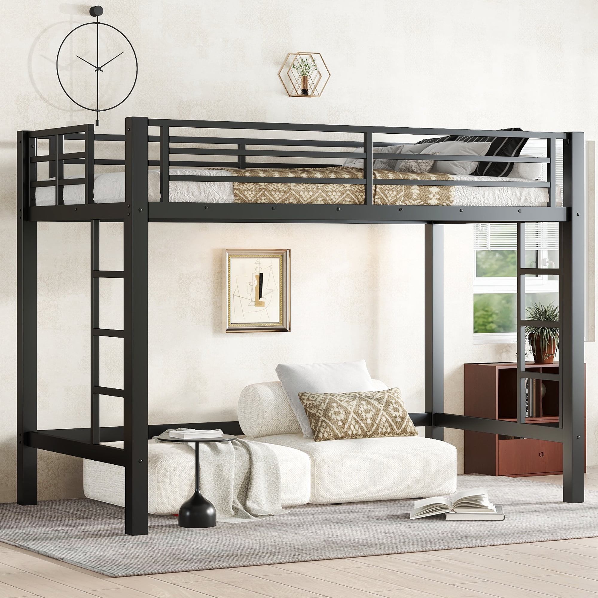 Leumius Loft Bed Twin XL with Easy Climbing Ladder and Guardrails,Metal Loft Bed for Kids and Teens,Black