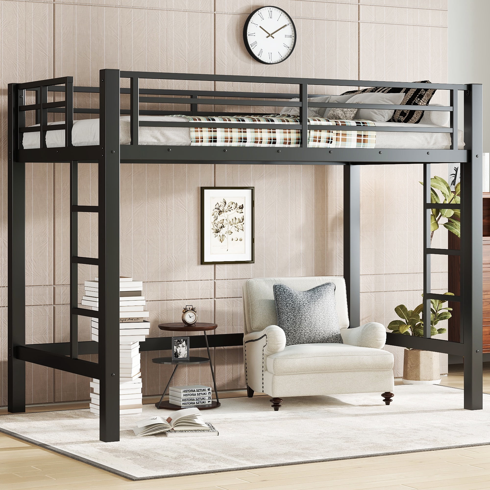 Leumius Loft Bed Twin with Easy Climbing Ladder and Guardrails,Metal Loft Bed for Kids and Teens,Black