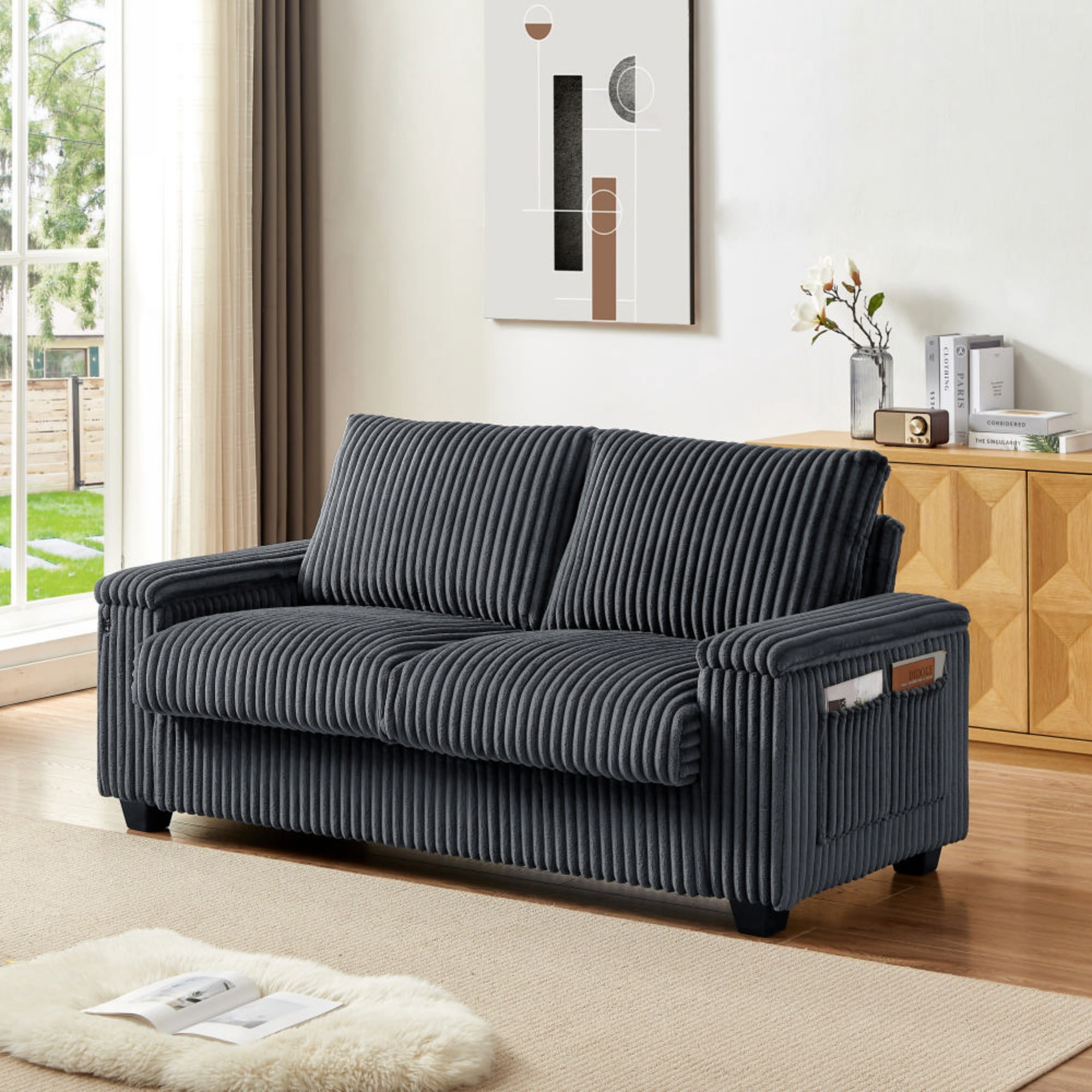 Leumius Loveseat Sofa,71" Comfy Corduroy Love Seat Couch With Square Storage Armrest USB Port for Living Room,Dark Gray