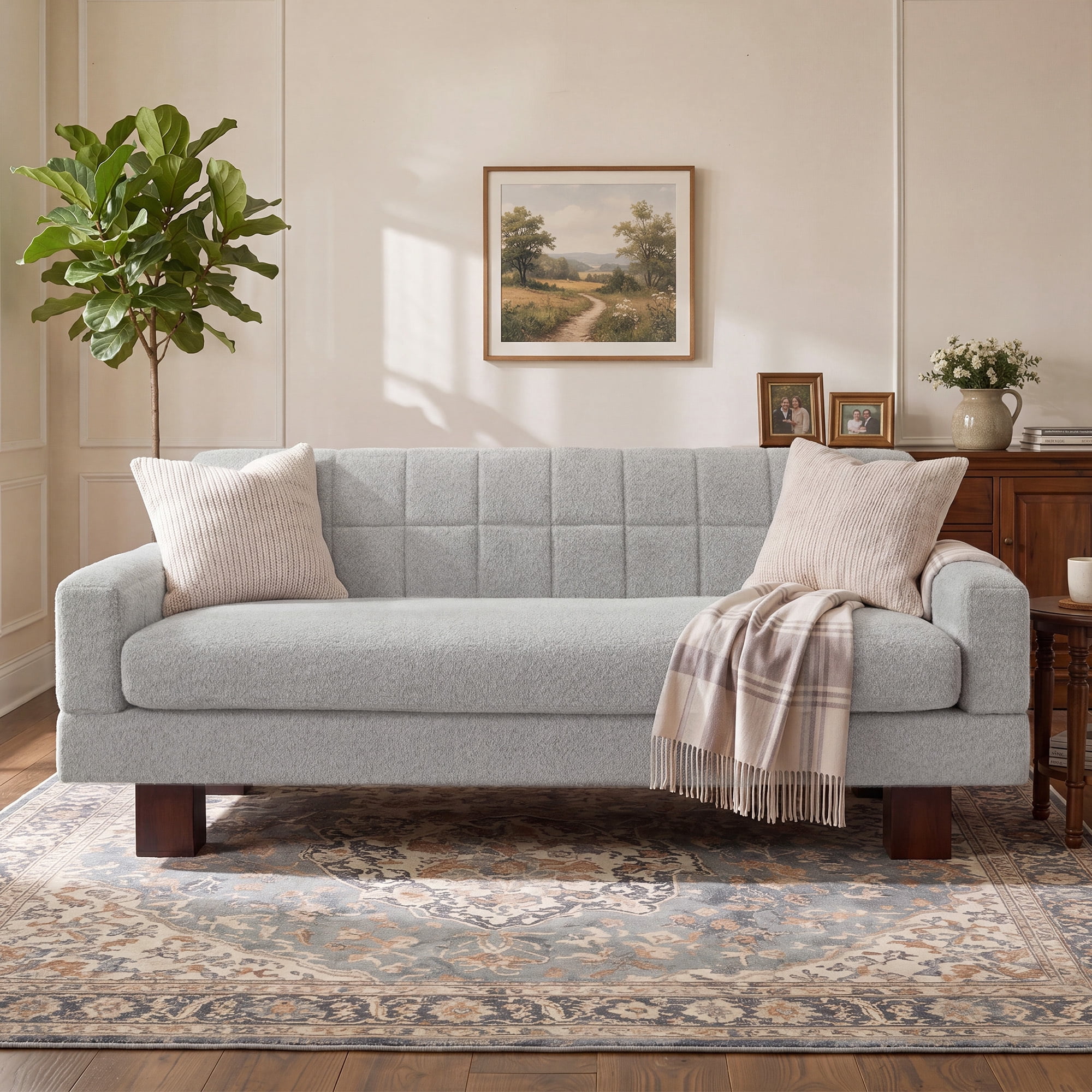 Leumius Loveseat Sofa, Boucle Fabric Biscuit Back Loveseat with Square Arms and Single Cushion Seat, Upholstered 2-Seater Couch for Living Room and Bedroom, Light Grey-Blue