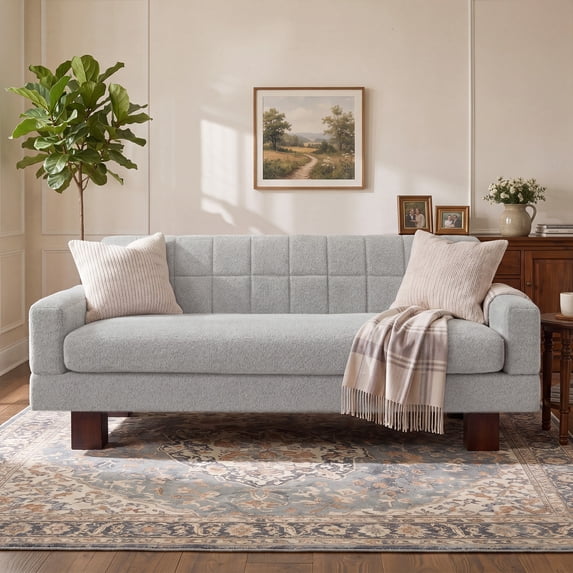 Leumius Loveseat Sofa, Boucle Fabric Biscuit Back Loveseat with Square Arms and Single Cushion Seat, Upholstered 2-Seater Couch for Living Room and Bedroom, Light Grey-Blue