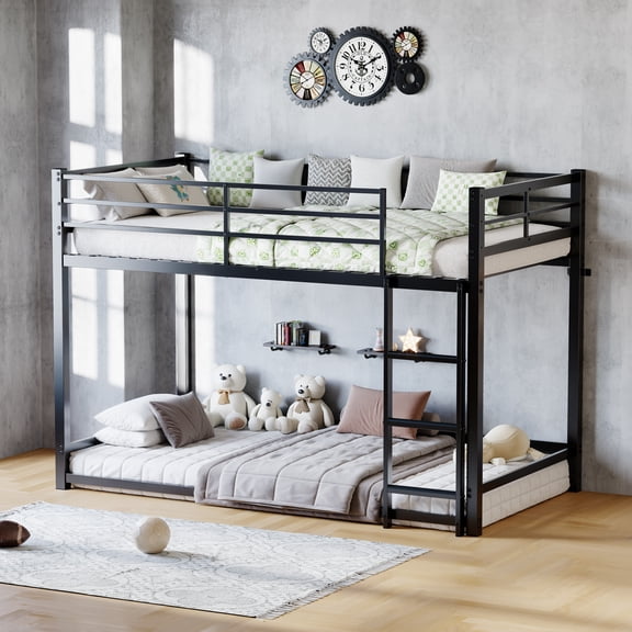 Leumius Low Metal Bunk Bed,Twin Over Twin Heavy Duty Bunk Bed Frame with Ladder and Guardrail,Space-saving Bunk Bed for Bedroom, Dorm, Easy Assembly,Black