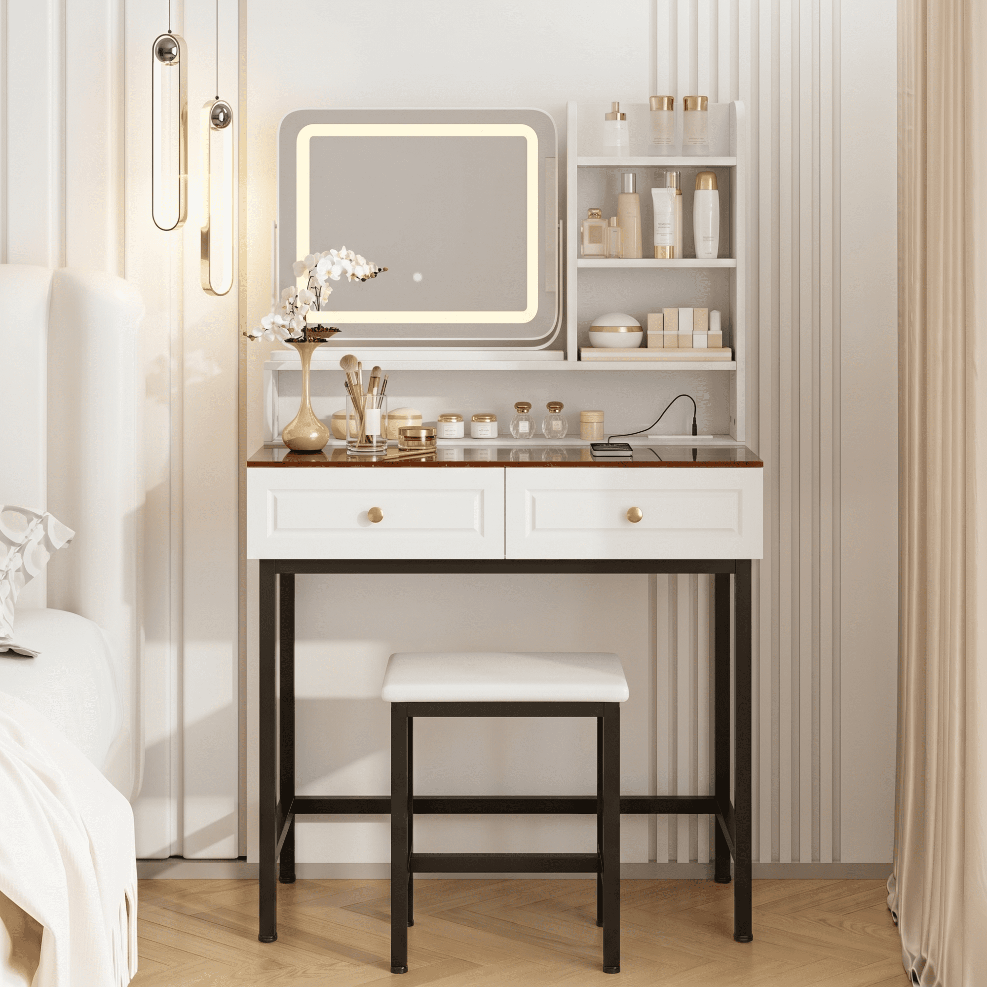 Leumius Makeup Vanity Desk with Lighted Mirror,360° Rotatable Mirror,Makeup Table with 2 Drawers & 3-Tier Shelves,Modern Dressing Table for Bedroom,White