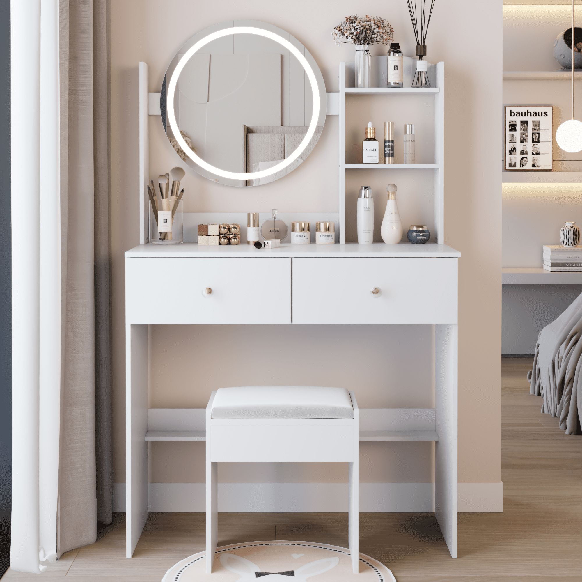 Leumius Makeup Vanity Desk with Mirror and Lights,Dressing Table with 2 Drawers,3 Color Lighting Brightness,Multi-layer High Capacity Storage Makeup Table for Bedroom,White