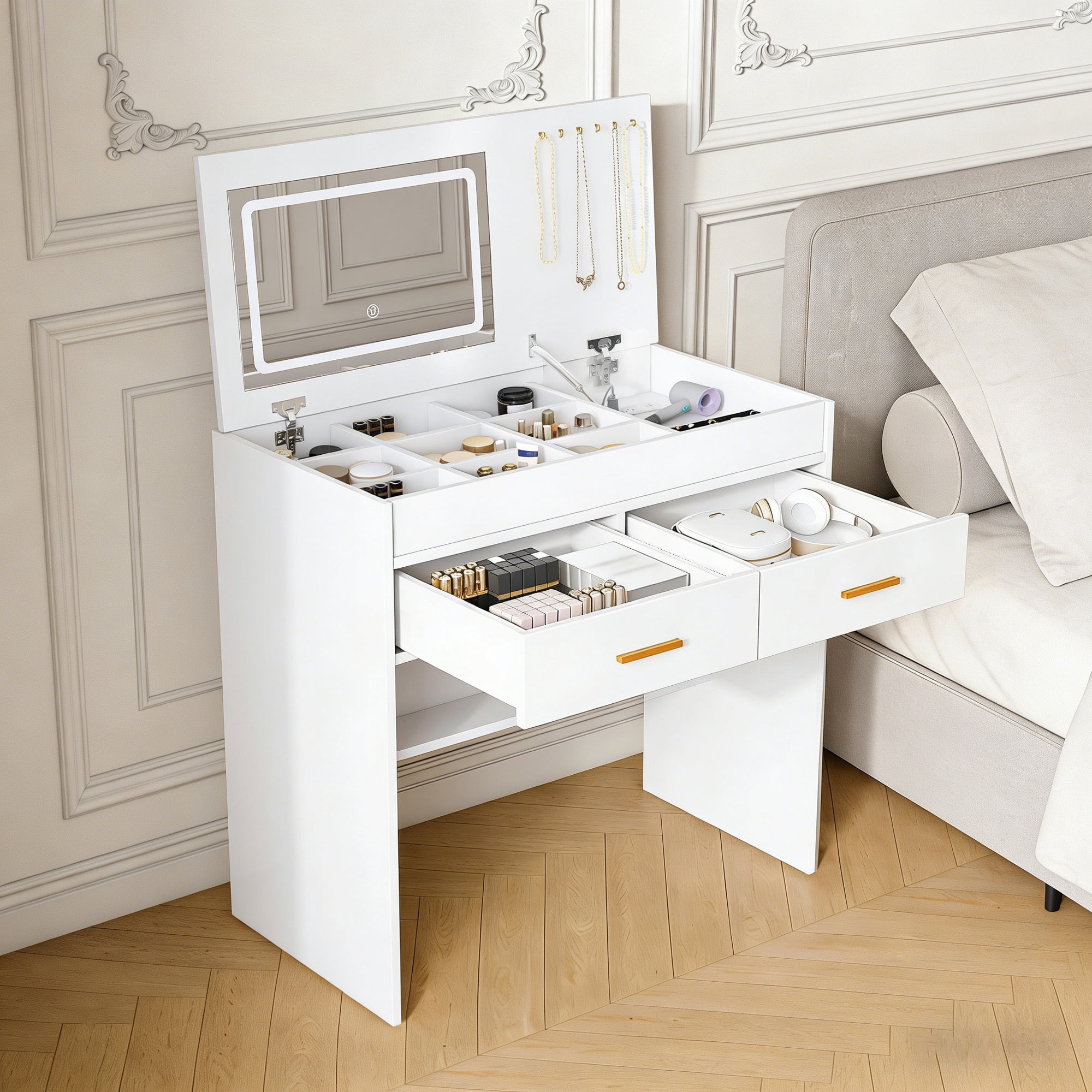 Leumius Makeup Vanity Desk with Mirror and Lights,Flip Top Dressing Table with 2 Drawers & Adjustable 3 Color Lighting Brightness for Bedroom Storage Cabinet,White