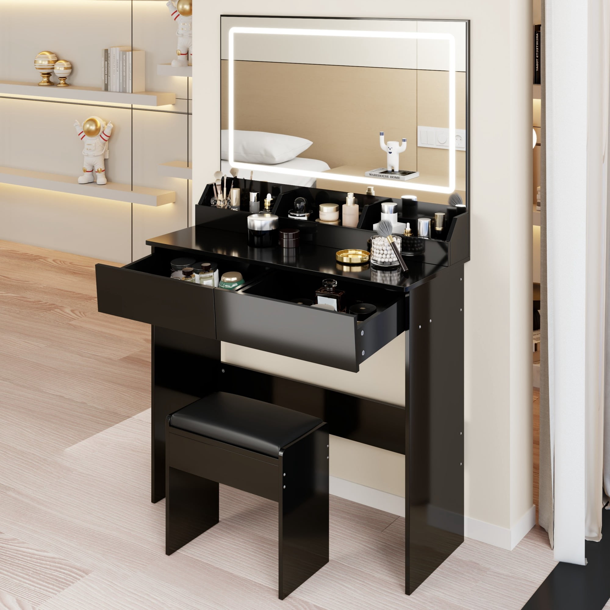 Leumius Makeup Vanity Set with 3 Color Lighted Mirror,Extra Large LED Mirror,Large Capacity Storage Dressing Table for Bedroom,Black
