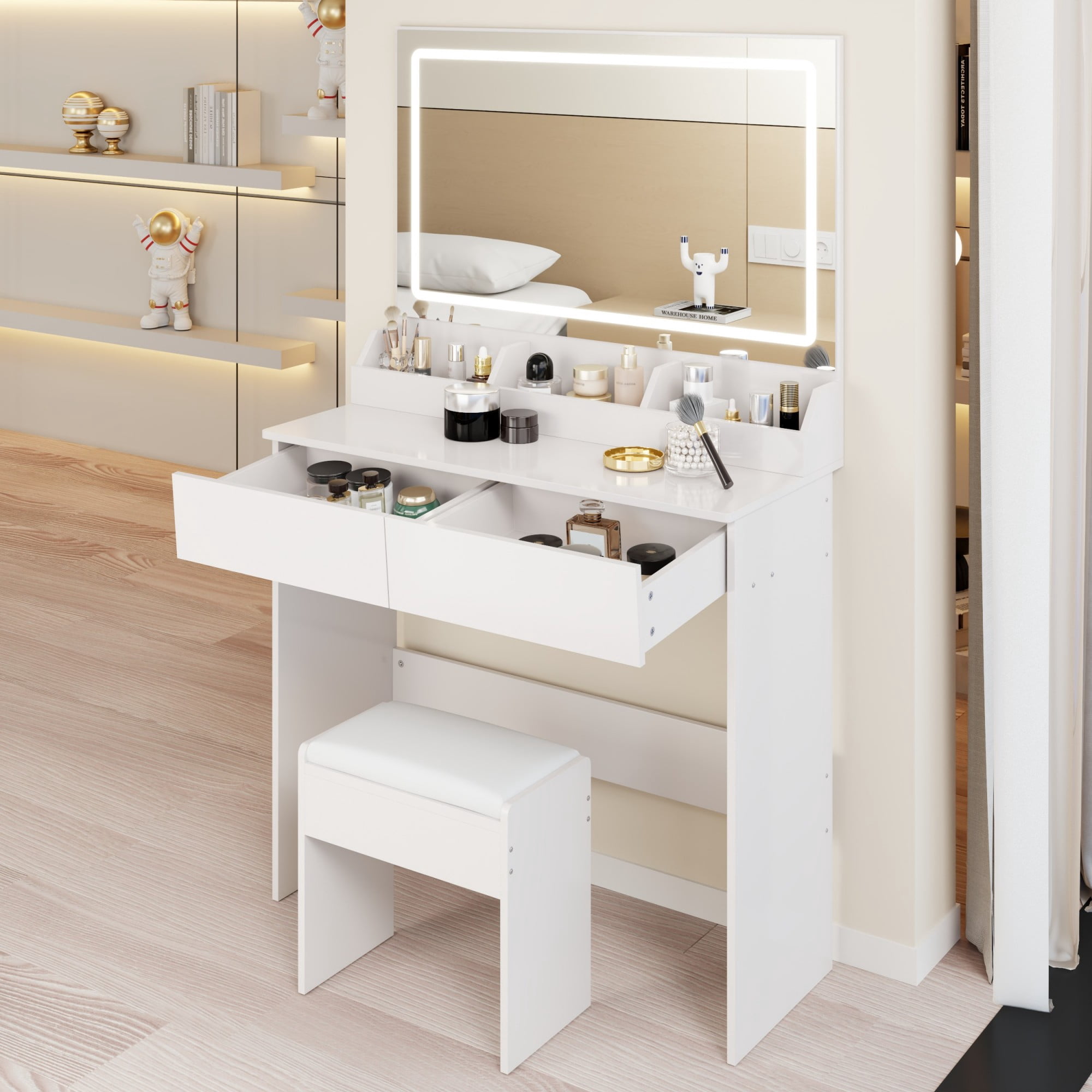 Leumius Makeup Vanity Set with 3 Color Lighted Mirror,Extra Large LED Mirror,Large Capacity Storage Dressing Table for Bedroom,White