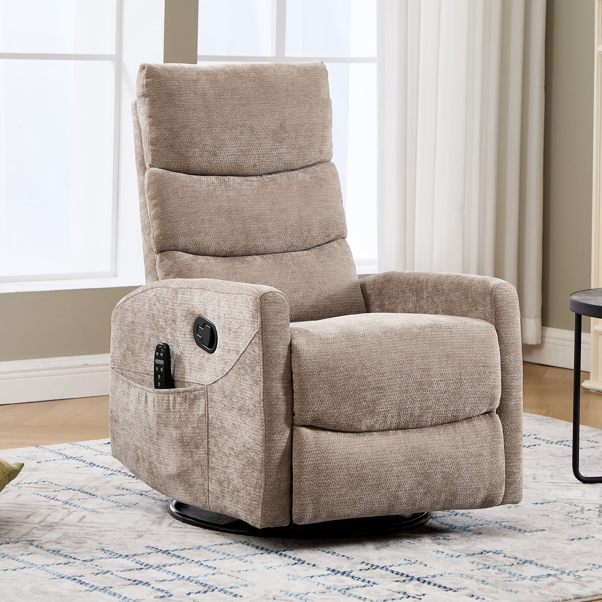 Leumius Manual Recliner Chair with Massage and Heat for Adult,360° Swivel Rocker Chair with Ergonomic High Backrest,Glider Recliner Nursery Chair with Side Pockets for Living Room,Khaki Chenille