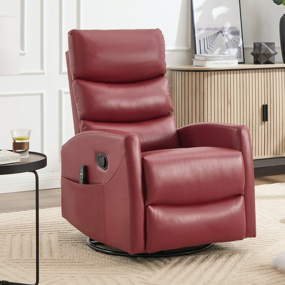 Leumius Manual Recliner Chair with Massage and Heat for Adult,360° Swivel Rocker Chair with Ergonomic High Backrest,Glider Recliner Nursery Chair with Side Pockets for Living Room,Red PU