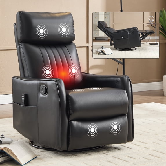 Leumius Manual Swivel Rocker Recliner Chair for Adults,Overstuffed Reclining Glider Chair with Vibration Massage & Heat,Upholstered Recliners with Side Pockets for Living Room,Black PU