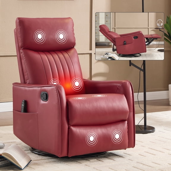 Leumius Manual Swivel Rocker Recliner Chair for Adults,Overstuffed Reclining Glider Chair with Vibration Massage & Heat,Upholstered Recliners with Side Pockets for Living Room,Red PU