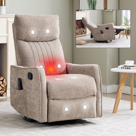 Leumius Manual Swivel Rocker Recliner Chair for Adults,Overstuffed Reclining Glider Chair with Vibration Massage & Heat,Upholstered Recliners with Side Pockets for Living Room,Khaki Chenille