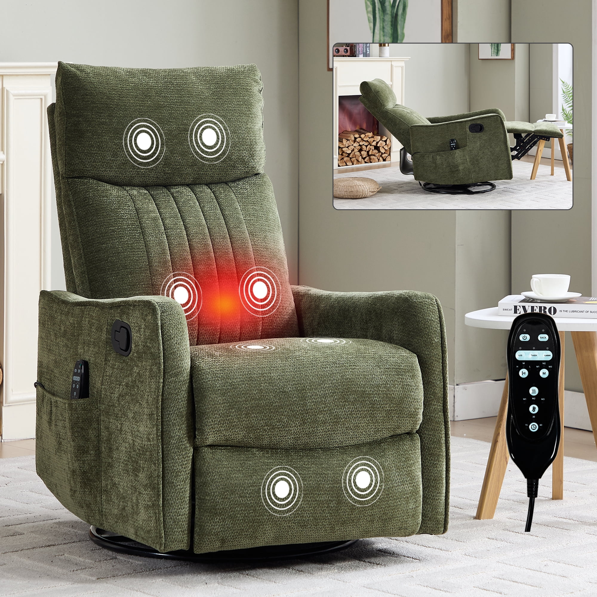 Leumius Manual Swivel Rocker Recliner Chair for Adults,Overstuffed Reclining Glider Chair with Vibration Massage & Heat,Upholstered Recliners with Side Pockets for Living Room,Antique Green Chenille