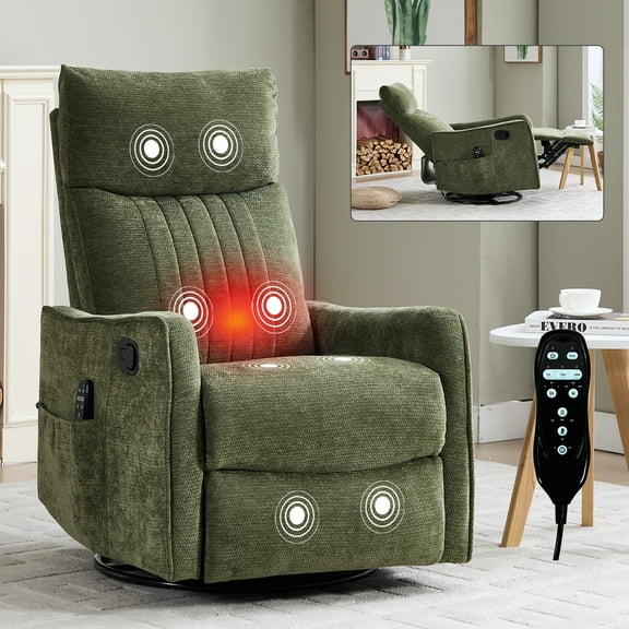 Leumius Manual Swivel Rocker Recliner Chair for Adults,Overstuffed Reclining Glider Chair with Vibration Massage & Heat,Upholstered Recliners with Side Pockets for Living Room,Antique Green Chenille