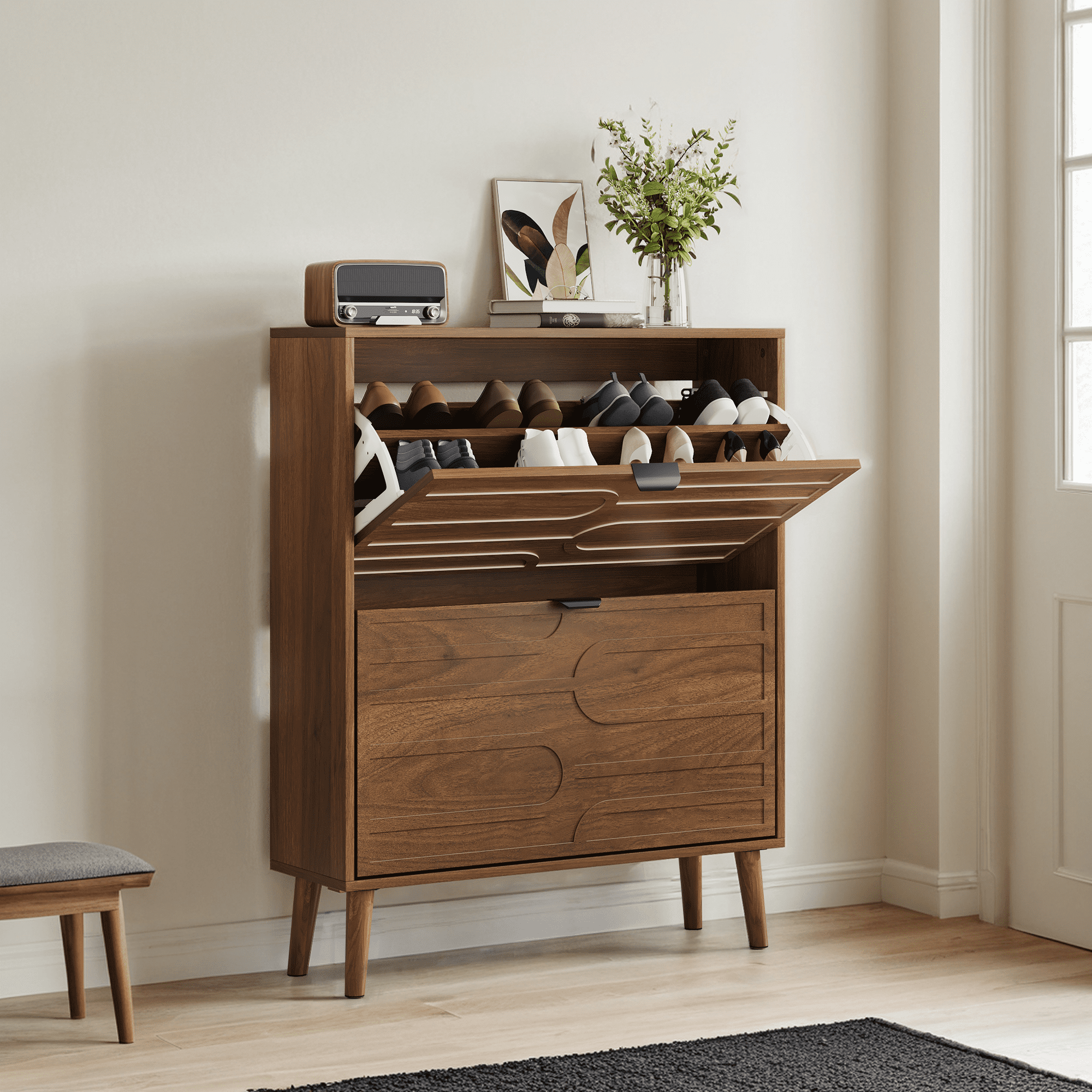Leumius Medieval Modern Shoe Cabinet with 2 Flip Drawers,Walnut Shoe Storage Cabinet with Adjustable Shelves for Entryway