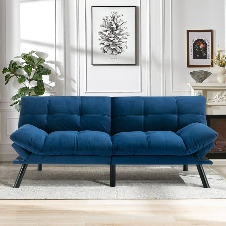 Leumius Comfy Convertible Memory Foam Futon Sofa Bed Soft Velvet Upholstered Folding Couch for Living Room Blue