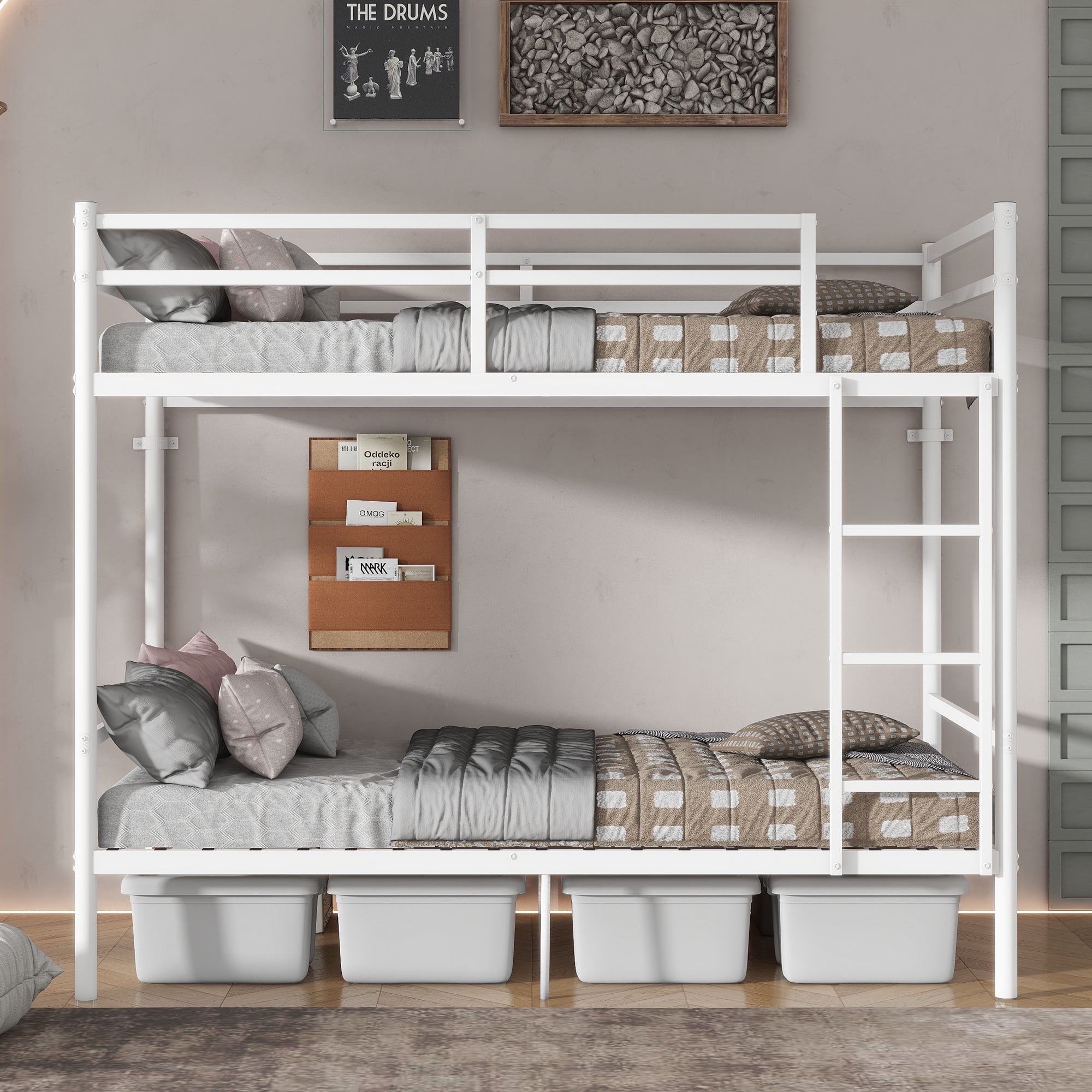 Leumius Metal Bunk Bed Frame,Twin Over Twin Bunk Bed with Ladder and Full-Length Guardrail, Heavy Duty Steel Bunk Bed, No Box Spring Needed,White
