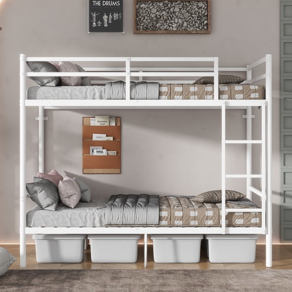 Leumius Metal Bunk Bed Frame,Twin Over Twin Bunk Bed with Ladder and Full-Length Guardrail, Heavy Duty Steel Bunk Bed, No Box Spring Needed,White