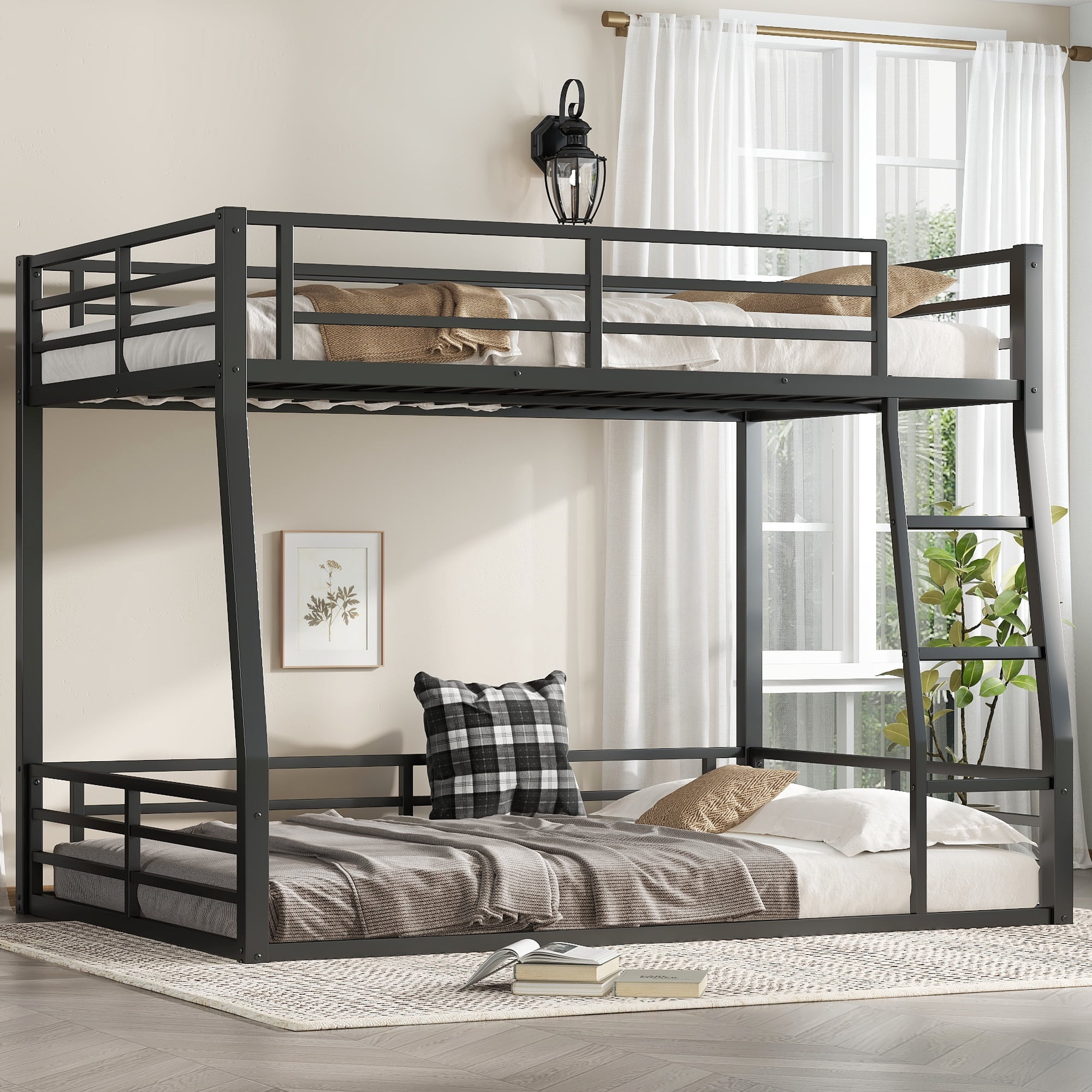 Leumius Metal Bunk Bed,Full XL over Queen Floor Bunk Bed Frame for Kids/Teens/Adults,Space-Saving/Noise Reduced/No Box Spring Needed,Black