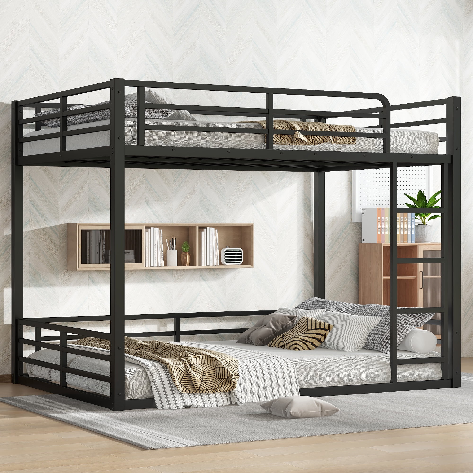 Leumius Metal Bunk Bed,Full over Full Floor Bunk Bed Frame for Kids/Teens/Adults,Space-Saving/Noise Reduced/No Box Spring Needed,Black