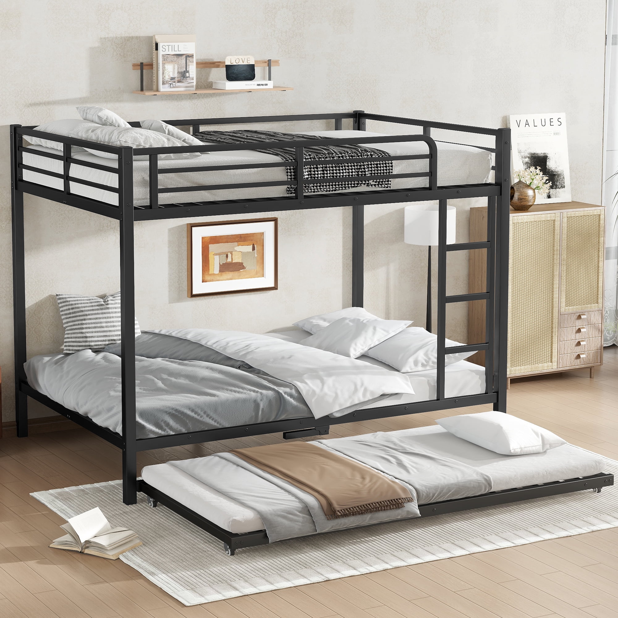 Leumius Metal Bunk Bed with Trundle,Full over Full Bunk Bed with with Ladder & Guardrails,Heavy-Duty Bunk Bed Frame for Kids/Teens/Adults,Space-Saving/Noise Reduced/No Box Spring Needed,Black