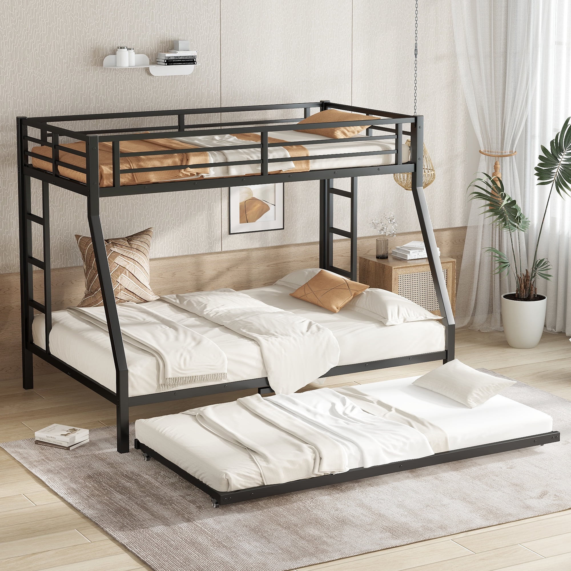 Leumius Metal Bunk Bed with Trundle,Twin over Full Bunk Bed with with Ladder & Guardrails,Heavy-Duty Bunk Bed Frame for Kids/Teens/Adults,Space-Saving/Noise Reduced/No Box Spring Needed,Black