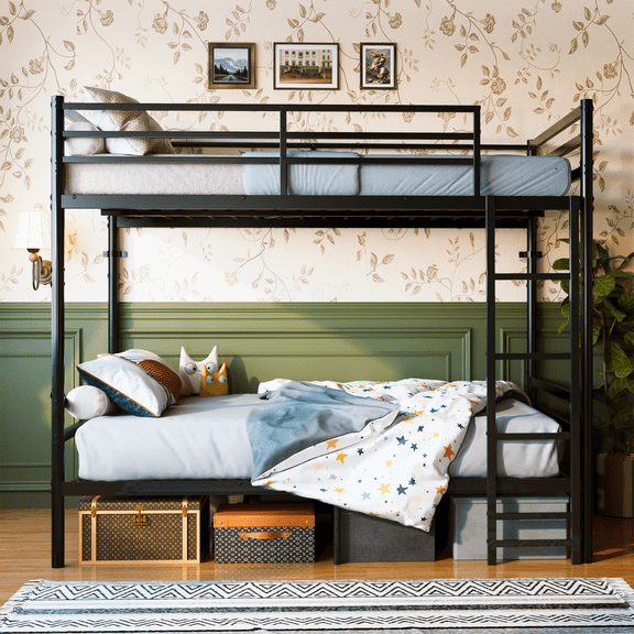 Leumius Metal Bunk Bed Twin Over Twin,13.7" High Safety Guardrail, Heavy-Duty Slats Support Up to 600LBS, Sturdy Side Ladder, Large Under Bed Storage, Convertible into 2 Separate Twin Beds,Black