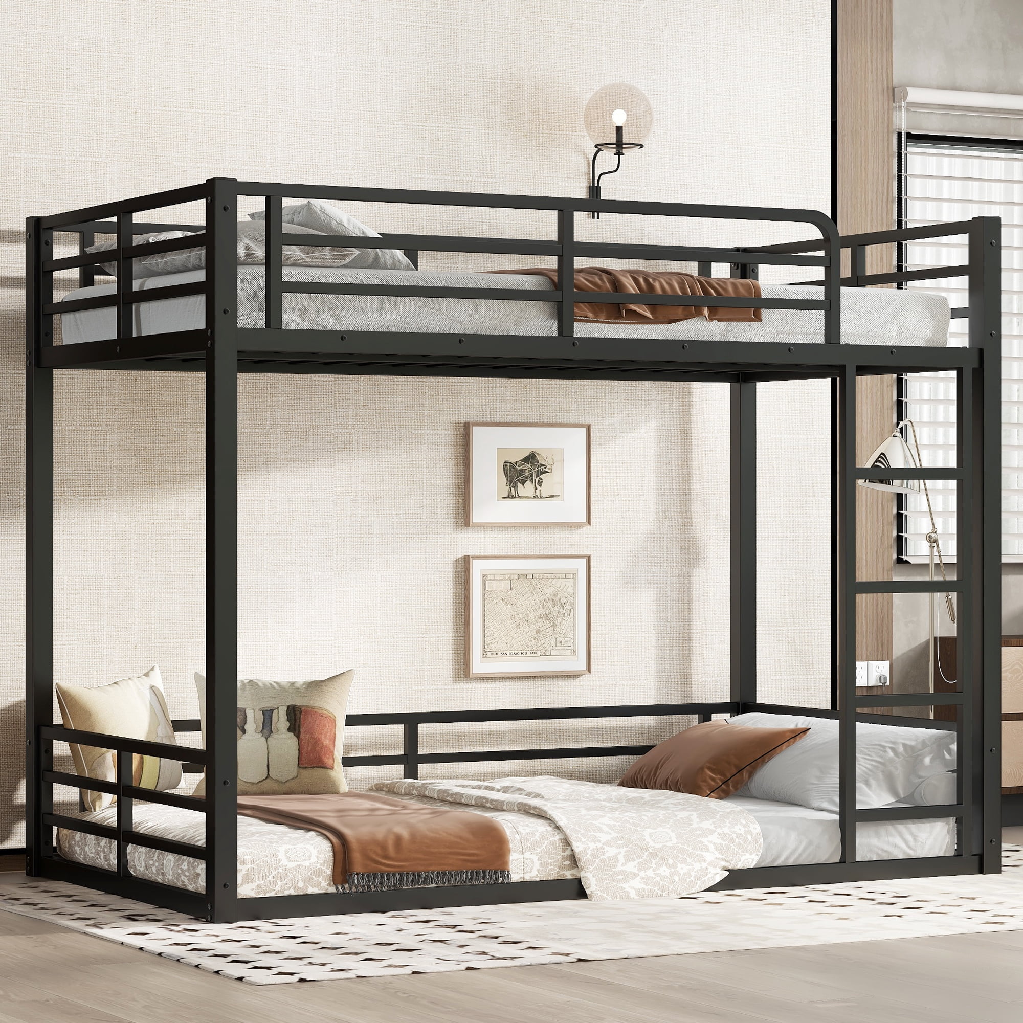 Leumius Metal Bunk Bed,Twin XL over Twin XL Floor Bunk Bed with with Ladder & Guardrails,Heavy-Duty Bunk Bed Frame for Kids,Teens,Adults,Noise-reduced Design, Black