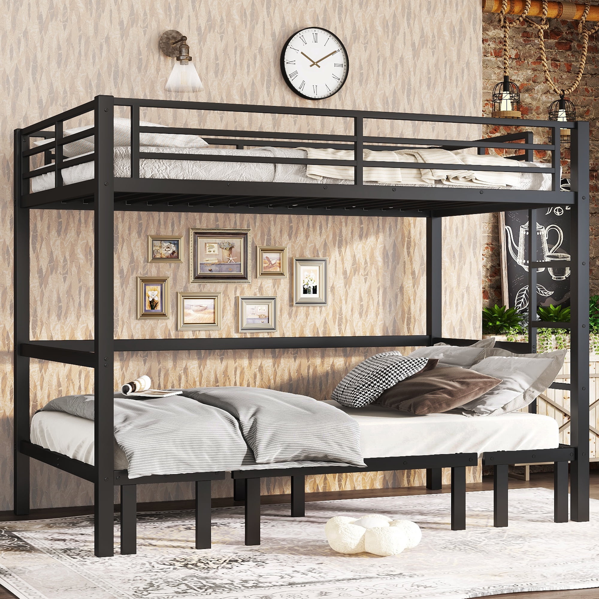 Leumius Metal Bunk Bed Twin XL over Twin XL,Heavy Duty Bunk Bed with Pull-out Bed,Space-Saving/Noise Reduced/No Box Spring Needed,Black