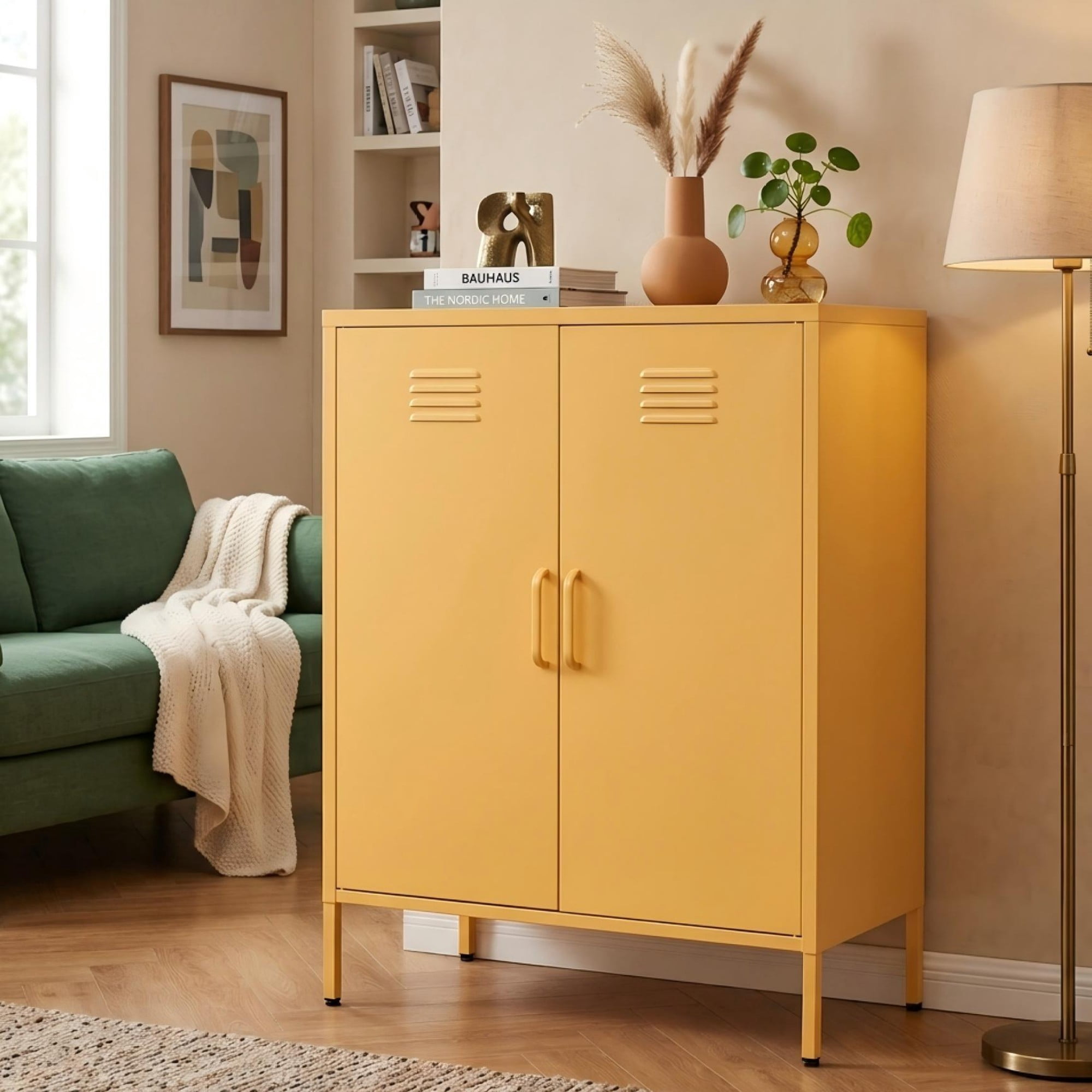 Leumius Metal Sideboard Buffet Cabinet with Storage,40"H Accent Cabinets with Adjustable Shelf,Kitchen Pantry Cabinet for Dining Room,Living Room,Yellow02