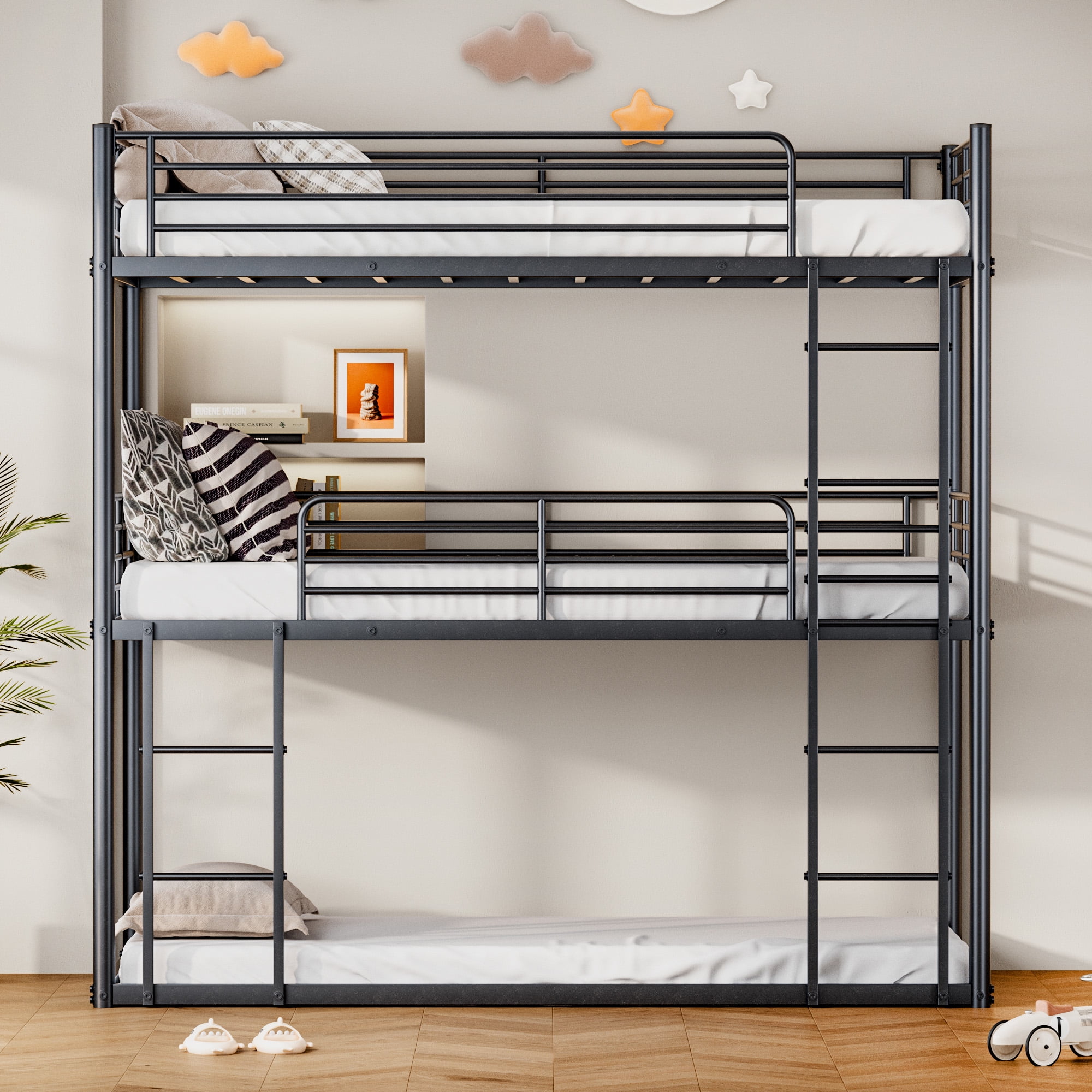 Leumius Metal Triple Bunk Bed,Twin Over Twin Bunk Bed for 3 Kids/Teens,Heavy Duty Triple Bed Frame with Guardrail and Ladder, No Box Spring Needed,Black