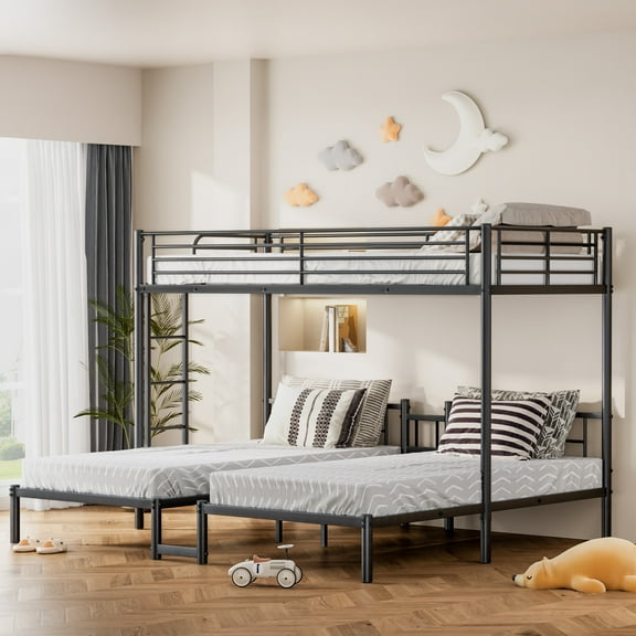 Leumius Metal Triple Bunk Bed Twin XL Over Twin Over Twin,Heavy Duty Triple Bunk Bed Frame for 3 Kids/Teens,Metal Bunk Bed Frame w/Under-bed Storage, No Box Spring Needed,Black