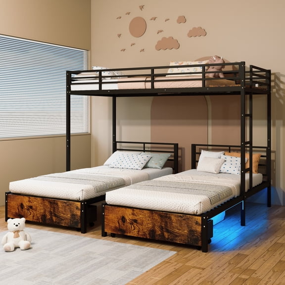 Leumius Metal Twin Triple Bunk Bed with USB Charging Station,Twin over Twin over Twin Bunk Bed for 3,Separates Into 3 Twin Beds,Noise Reduced Structure,Black
