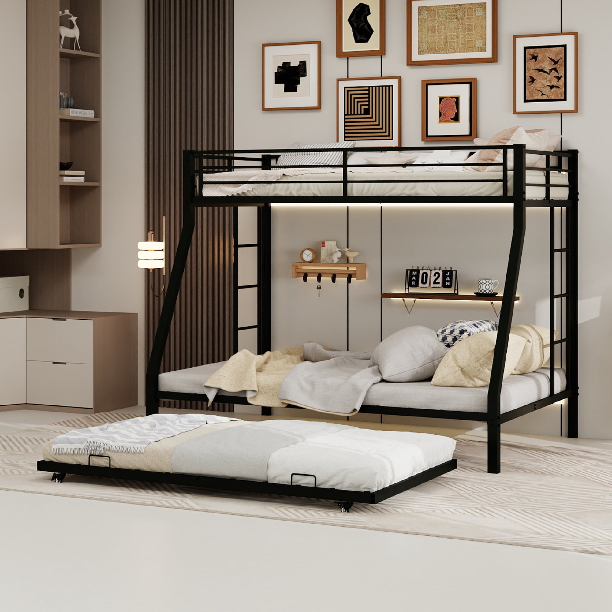Leumius Metal Twin over Full Bunk Bed with Trundle, Space Saving Bunk Bed Frame with Ladder and Guardrails for Dorm, Apartment,Black