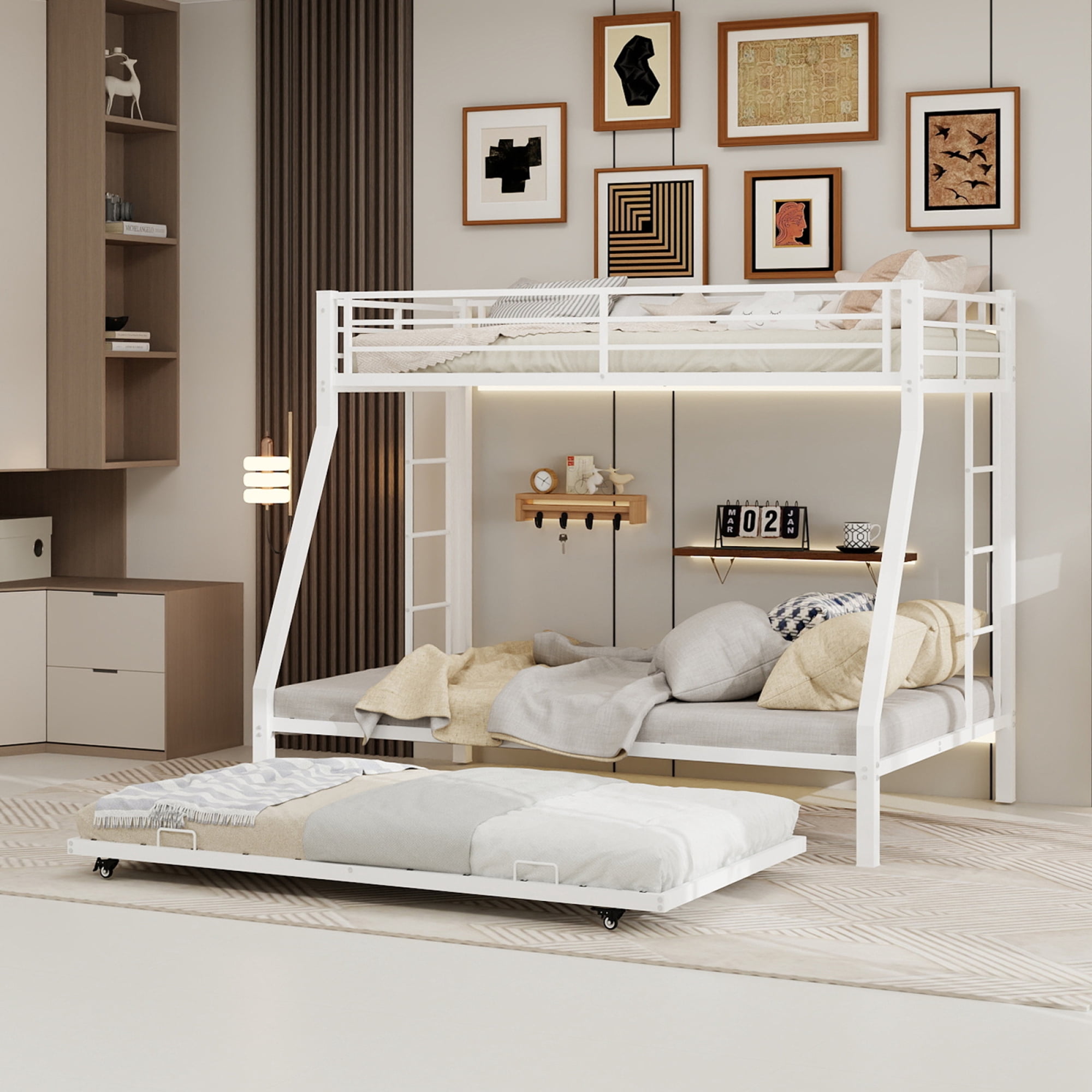 Leumius Metal Twin over Full Bunk Bed with Trundle, Space Saving Bunk Bed Frame with Ladder and Guardrails for Dorm, Apartment,White