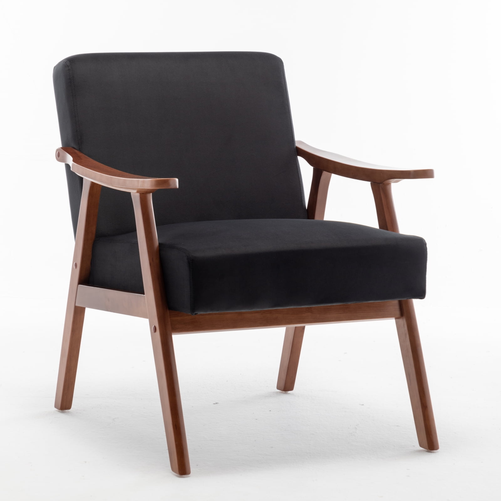Leumius Mid-Century Accent Chair,Modern Velvet Fabric Armchair for Living Room,Comfy Upholstered Reading Chair Arm Chair with Solid Wood Frame and Extra-Thick Backrest for Bedroom,Black