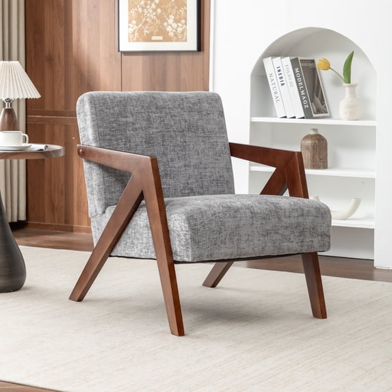 Leumius Mid Century Modern Accent Chair,Upholstered Reading Armchair with Solid Wood Frame,Accent Chair for Living Room Bedroom Apartment, Easy Assembly,Light Gray