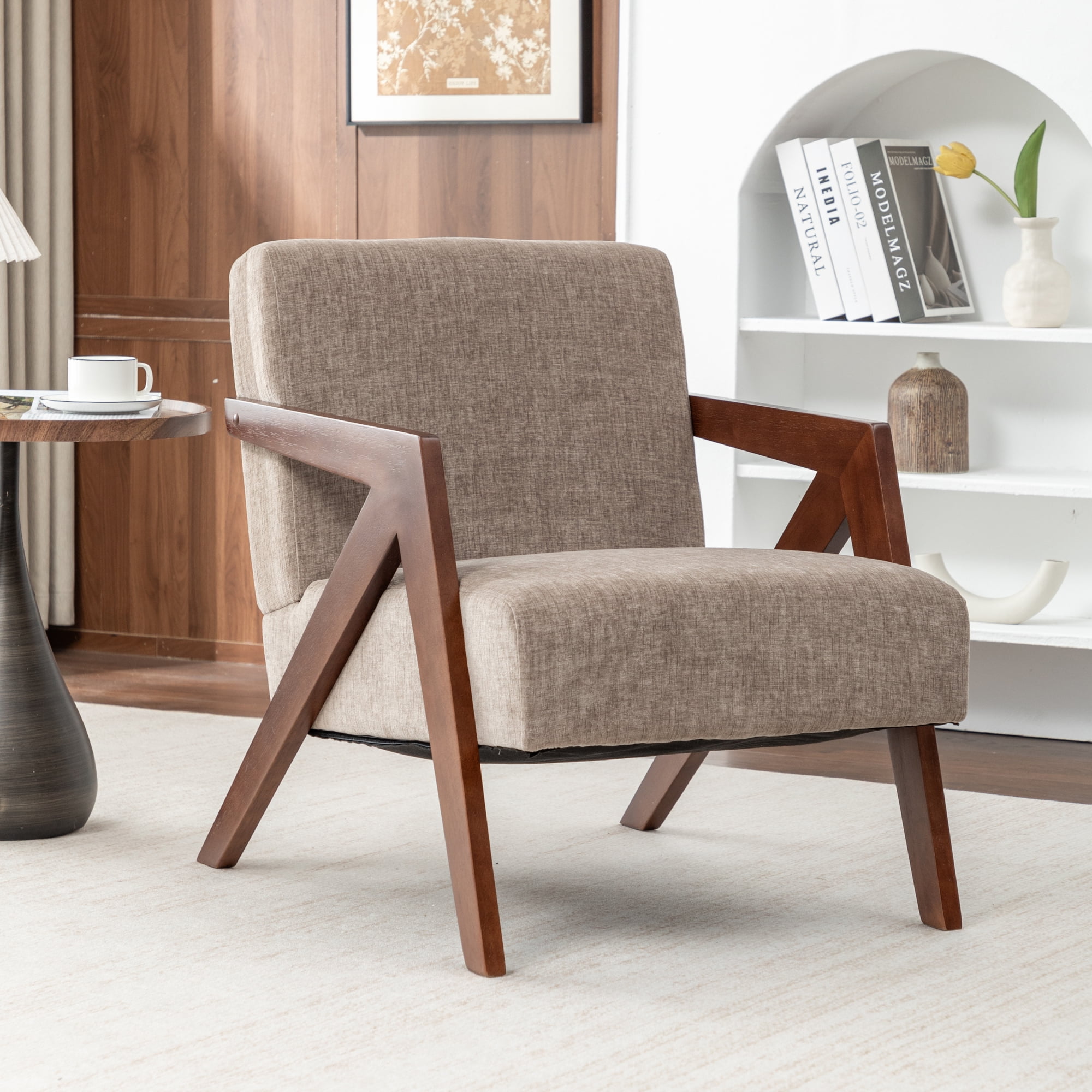 Leumius Mid Century Modern Accent Chair,Upholstered Reading Armchair with Solid Wood Frame,Accent Chair for Living Room Bedroom Apartment, Easy Assembly,Light Coffee