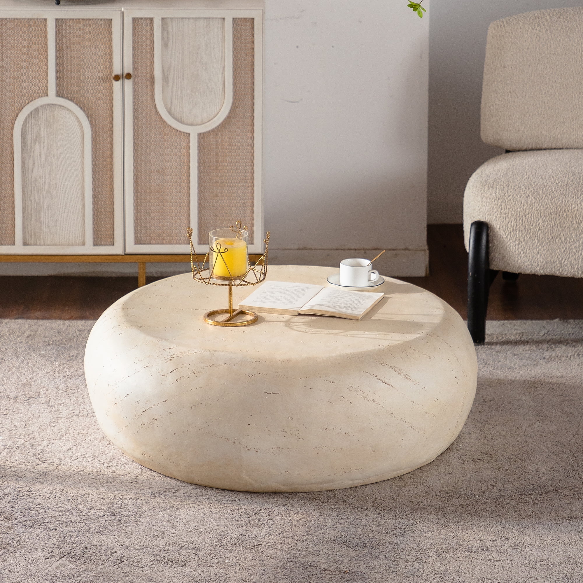Leumius Mid-Century Round Centre Coffee Table Vintage Faux Stone Sofa Pre-Modern Coffee Tables Beige Coffee Table for Living Room Office Apartment & Outdoor Home Decor